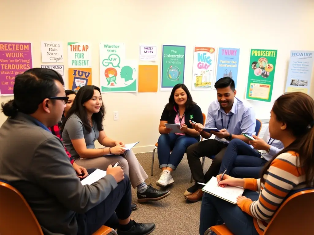 Volunteers participating in a Colorado Hispanic Chamber mentorship program, guiding and supporting young entrepreneurs. The image should convey the importance of mentorship and the positive impact on the mentees.