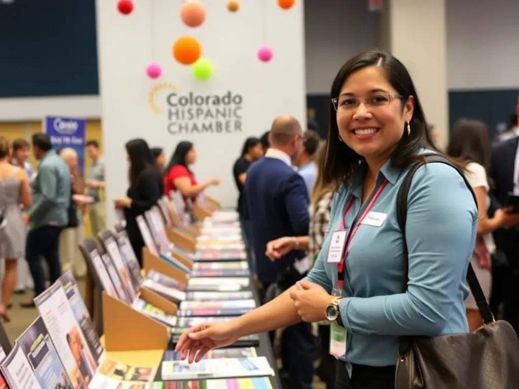 A volunteer assisting at a Colorado Hispanic Chamber event, helping with registration and providing information to attendees. The image should highlight the volunteer's helpfulness and the event's vibrant atmosphere.