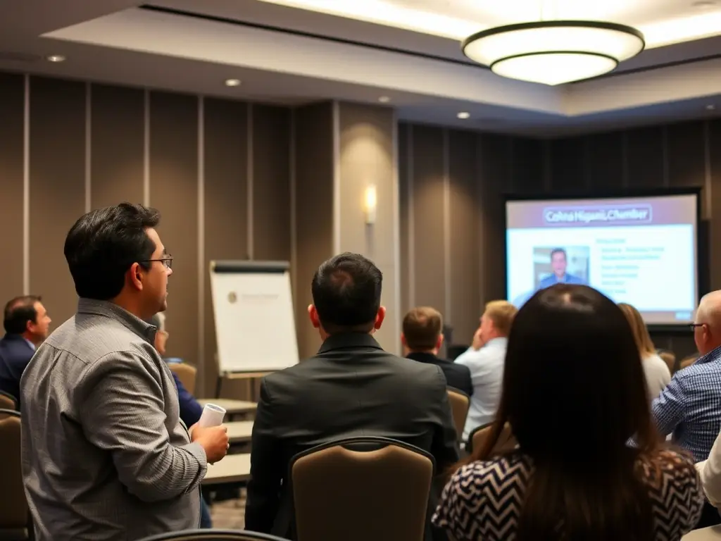A professional photograph of a Colorado Hispanic Chamber member presenting at a workshop, with other members attentively listening and taking notes, showcasing the value of shared knowledge and expertise.