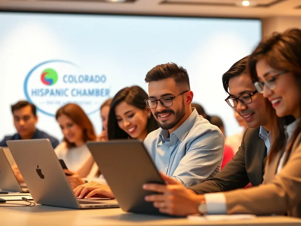 A diverse group of Hispanic business professionals actively participating in a virtual networking event, using laptops and tablets, with the Colorado Hispanic Chamber logo subtly displayed in the background.