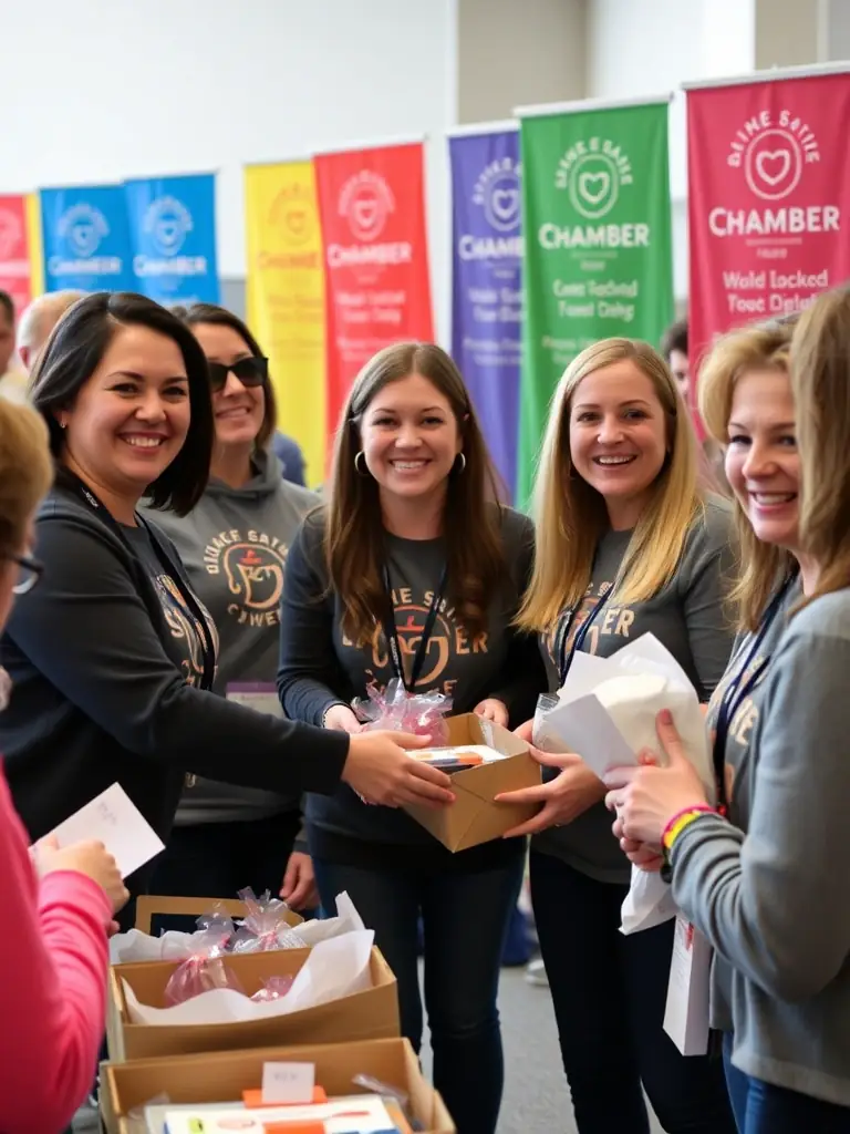 An image of chamber representatives participating in a local charity event, handing out donations or volunteering their time, with the charity's logo prominently displayed.
