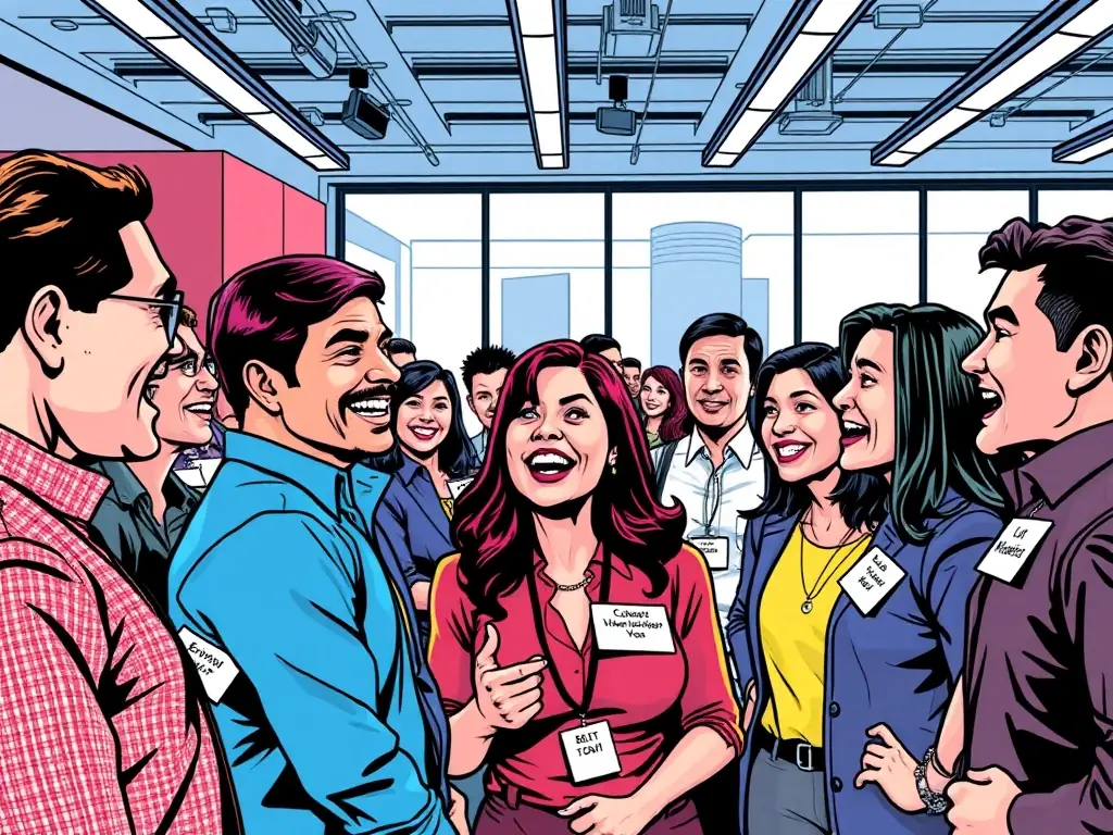 A vibrant image of members engaging in a lively discussion at a Colorado Hispanic Chamber networking event, with name tags visible and smiles all around, set against the backdrop of a modern Denver office space.