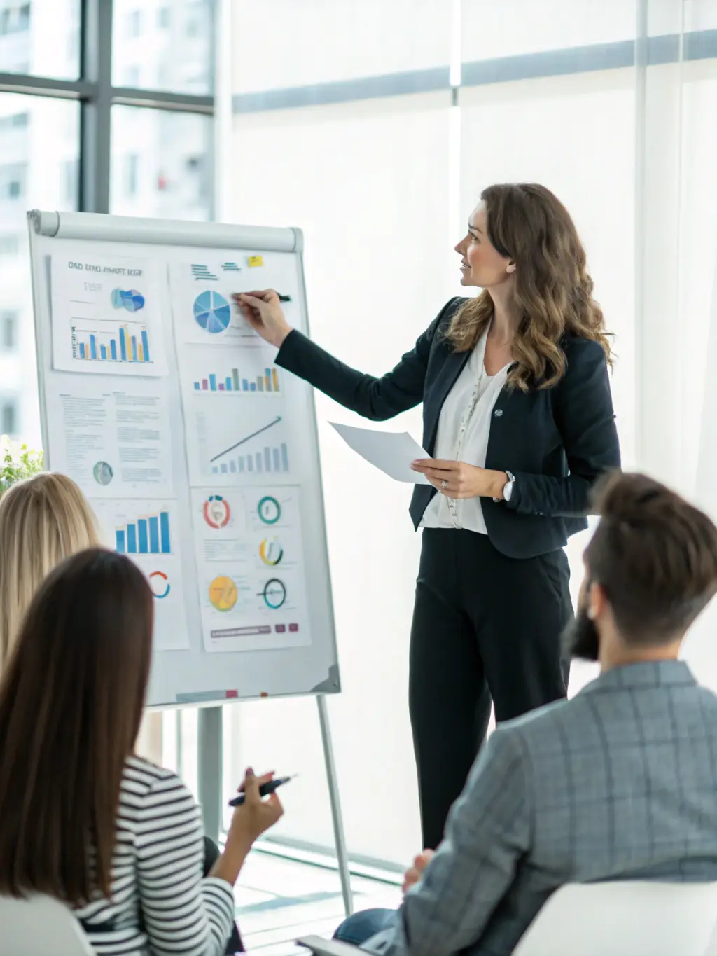 A professional Hispanic woman confidently presenting a business plan in a modern office setting, symbolizing business growth resources.