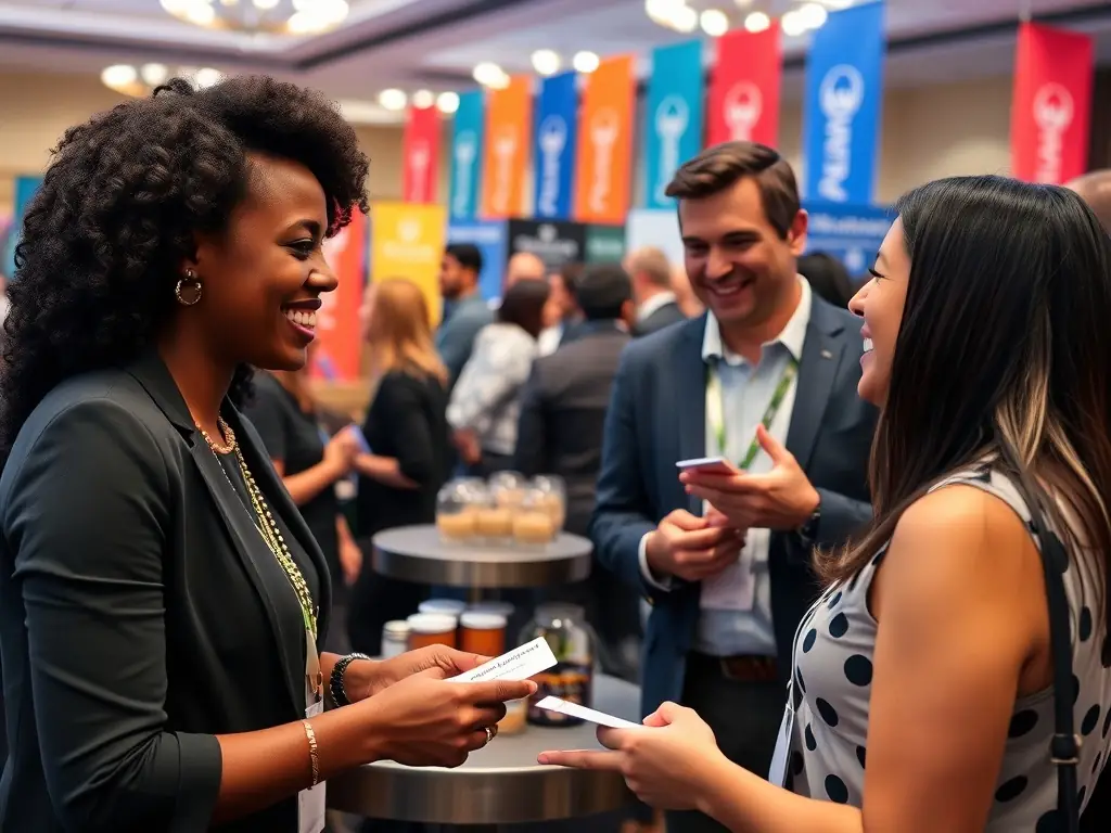 A photograph depicting a group of diverse Hispanic business owners engaged in a lively networking session at a Chamber event, exchanging business cards and smiling.