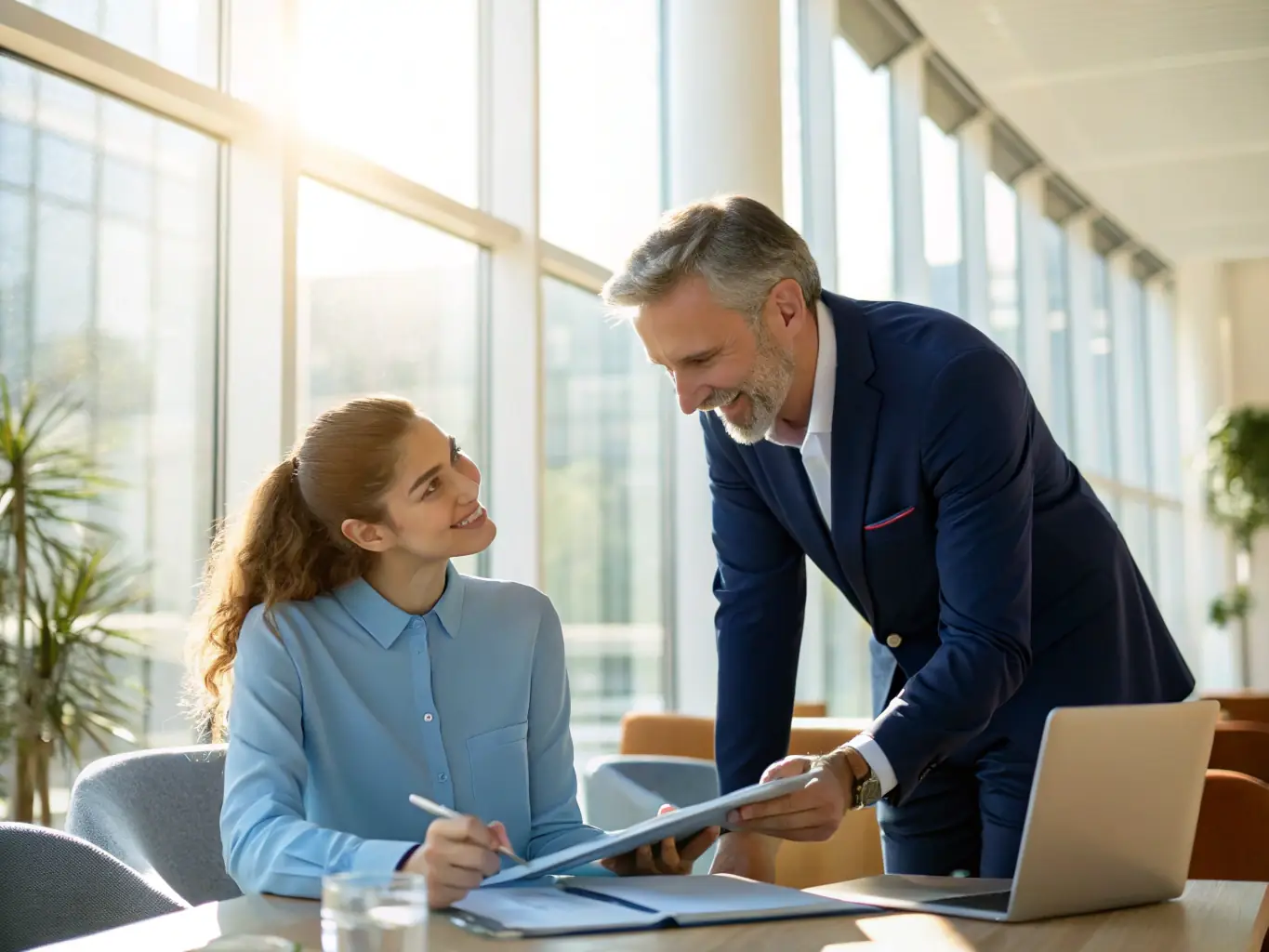 An image showing a mentor guiding a mentee in a professional setting, with both individuals looking engaged and focused on a document.