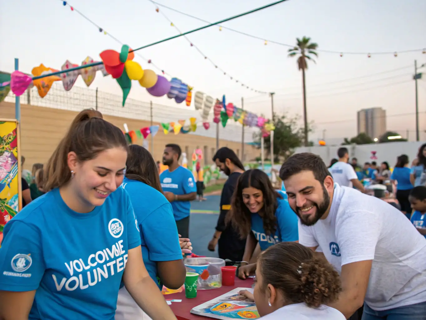 A group of volunteers from the Colorado Hispanic Chamber working together at a community event, smiling and engaging with attendees. The image should convey teamwork, community spirit, and the positive impact of volunteering.