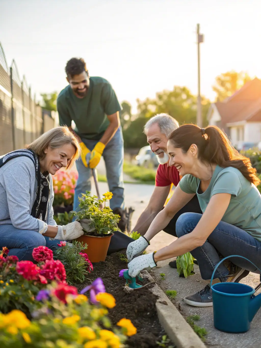 A photograph capturing volunteers from the Colorado Hispanic Chamber working together on a community garden project, planting vegetables and flowers, with local residents participating alongside them.